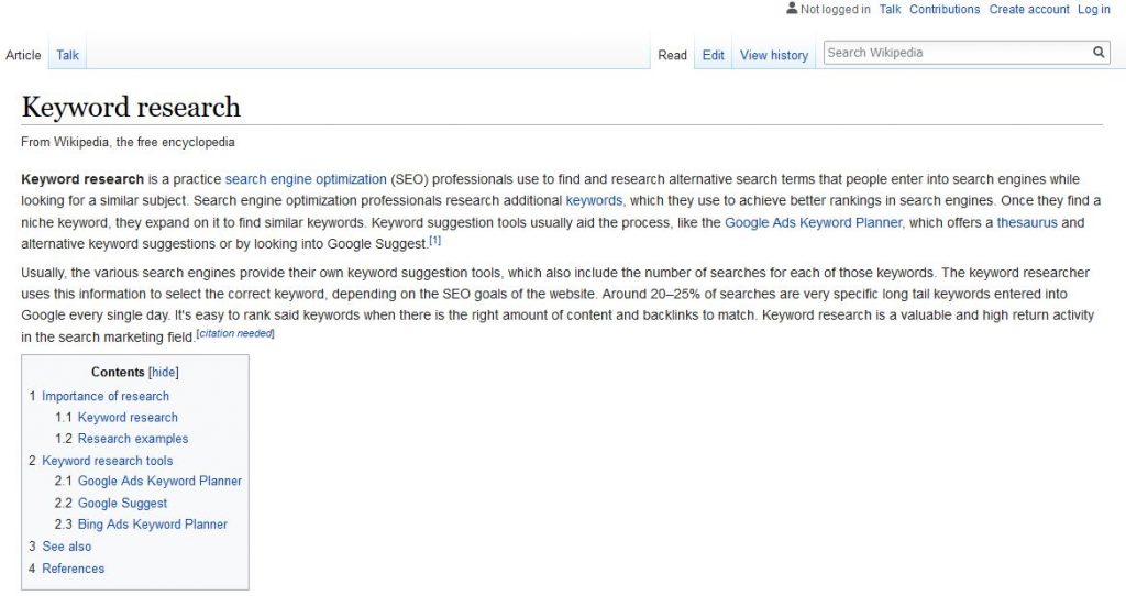 wikipedia page for keyword research